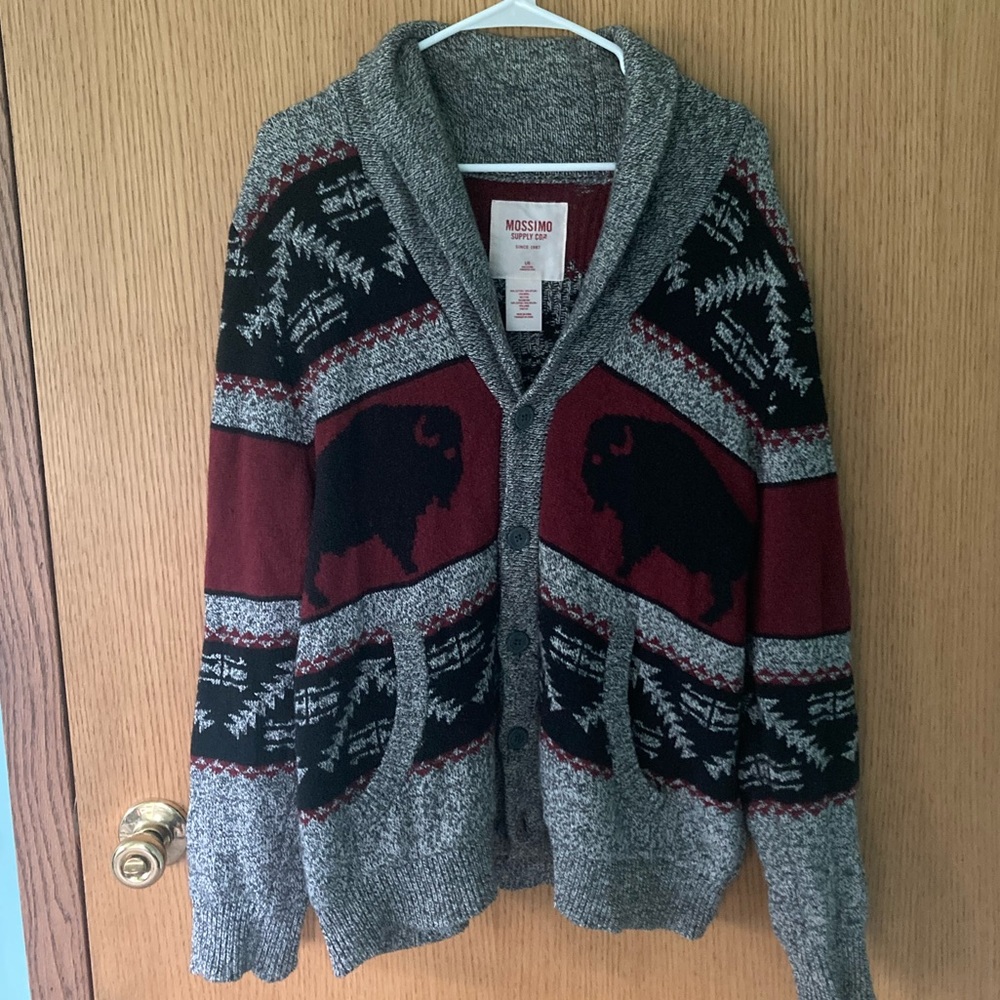Cardigan button up sweater Buffalo print black grey maroon